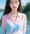 粉蓝渐变纱衫搭浅蓝裙，珍珠链衬柔清，是湖畔边的甜氧少女感